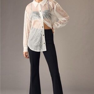 Anthropologie Maeve The Margot Kick Flare Crop Black Pinstripe PullOn Pants M